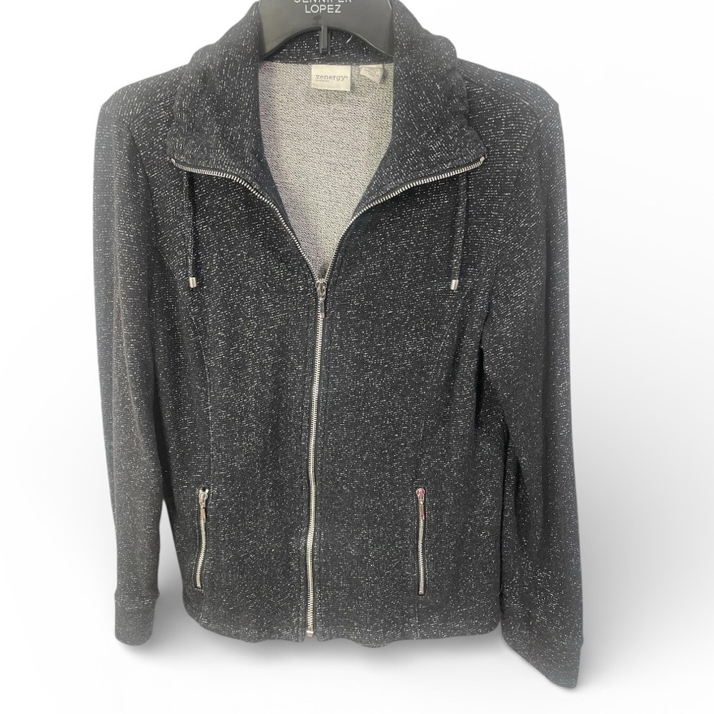 Zenergy by Chico’s Women's full zip black jacket w/ silver metallic thread, sz M